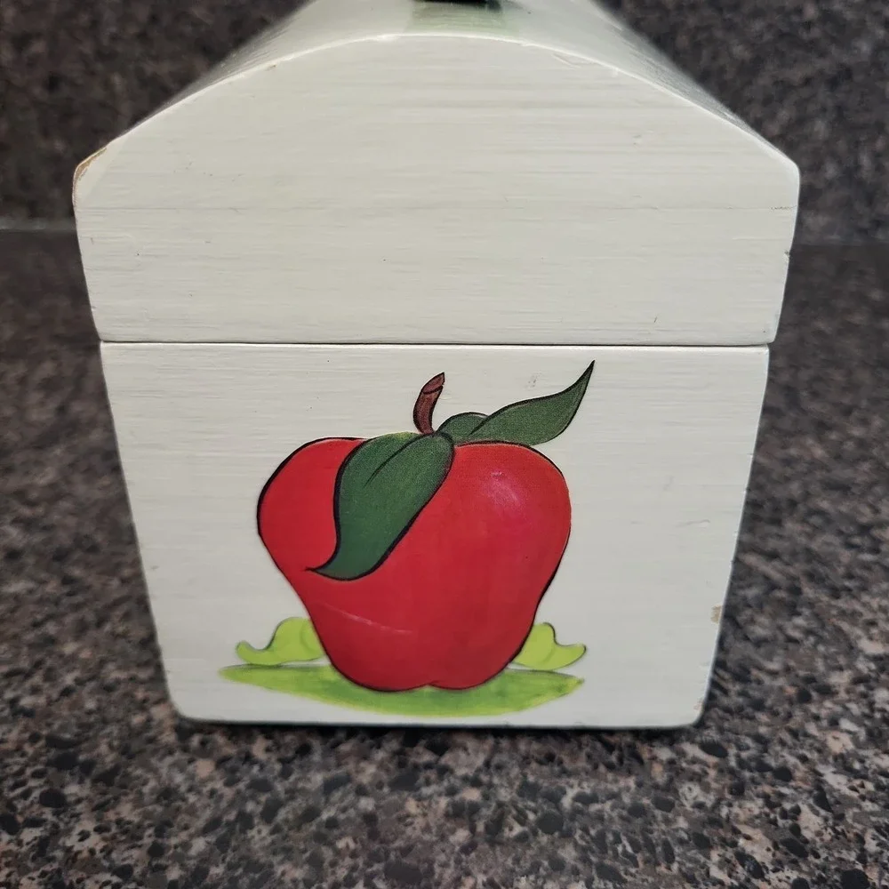 VINTAGE Hand Painted Wooden Purse Box Whimsical Caterpillar Apple Folk Art